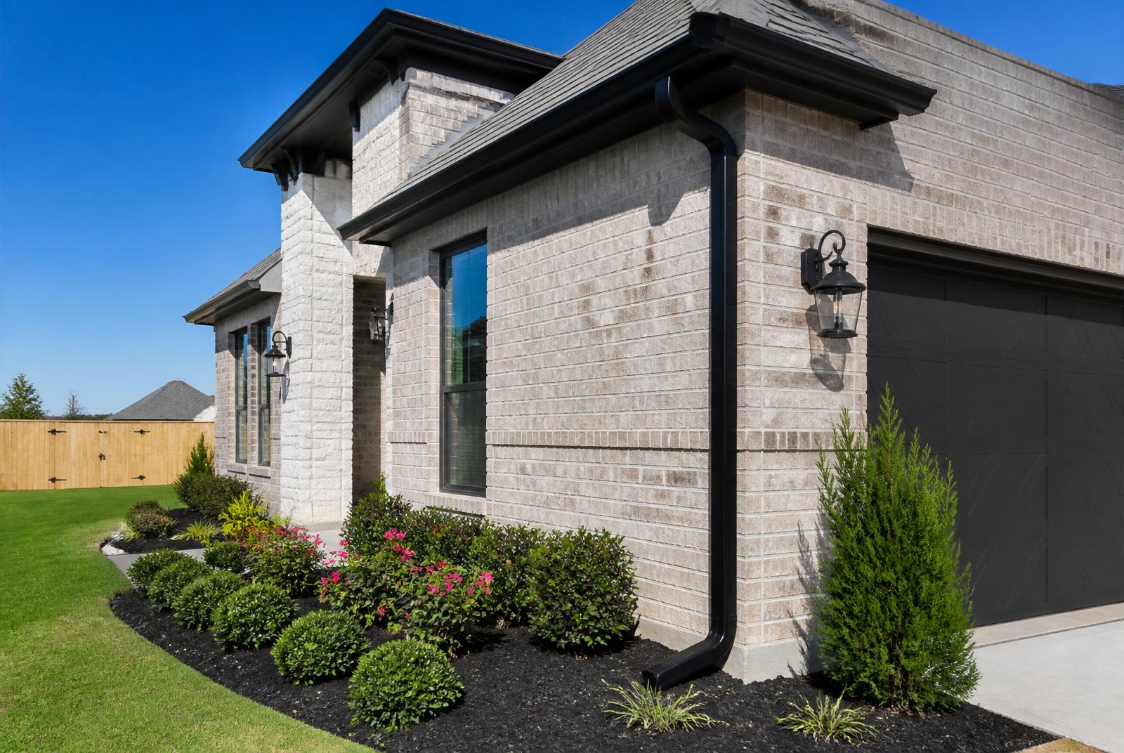 Clean black downspout tied into a buried drain extension on a brick Texas home